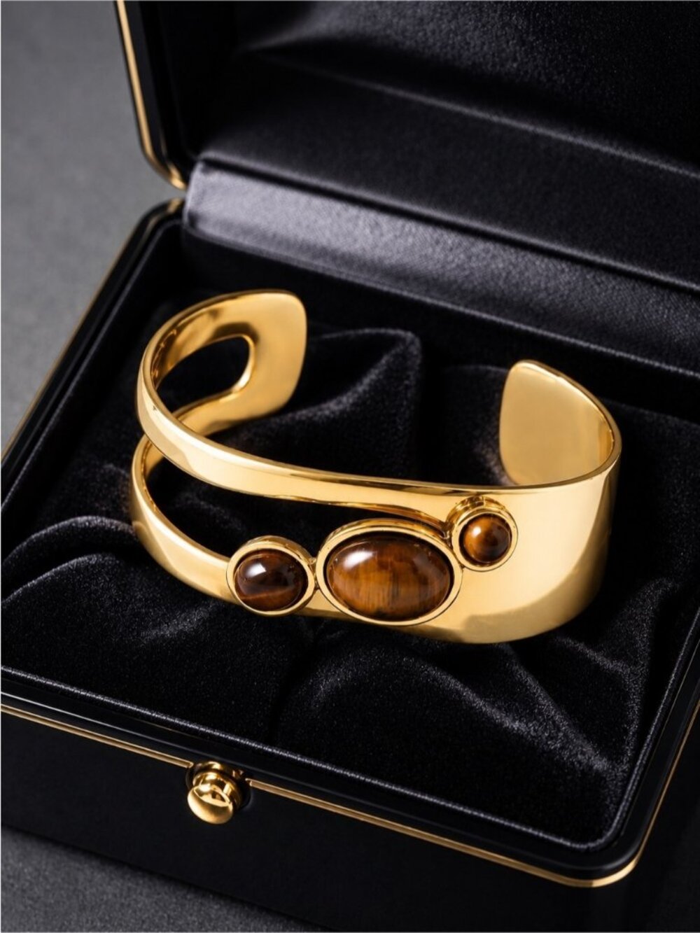 Gold plated Cuff Bracelet with Brown Cabochons